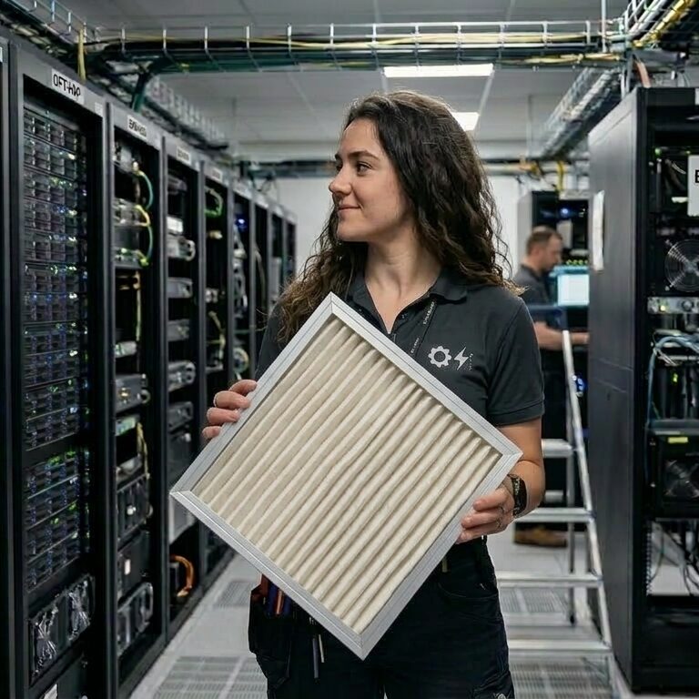 Woman holding ecostatic filter in data center